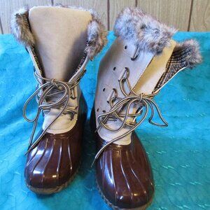 Becca 13B Faux Fur Lined Lace-Up Rain/Snow Duck Boots Ash Grey & Brown SZ. 7 LU
